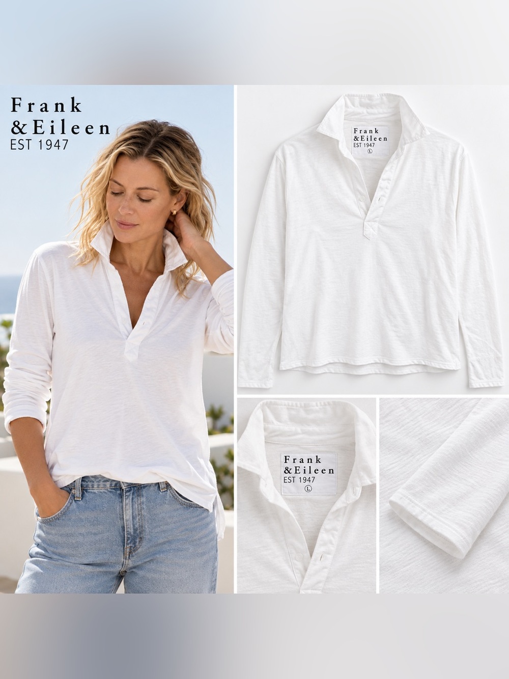 Frank & Eileen Popover Henley Crisp White Cotton | L | Designer Preppy